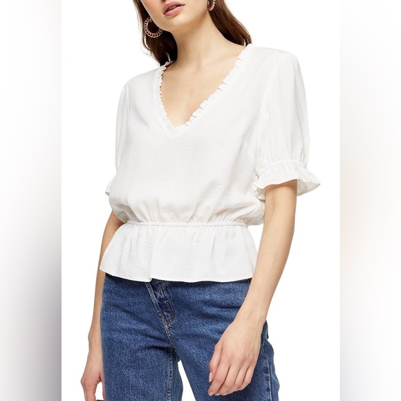 NWT Topshop Morgan Ruffle Trim Peplum Top Blue Size 2 - Picture 7 of 8